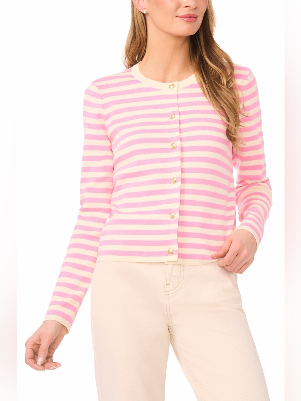 Halogen Pink and Cream Striped Heavy Knit Cardigan